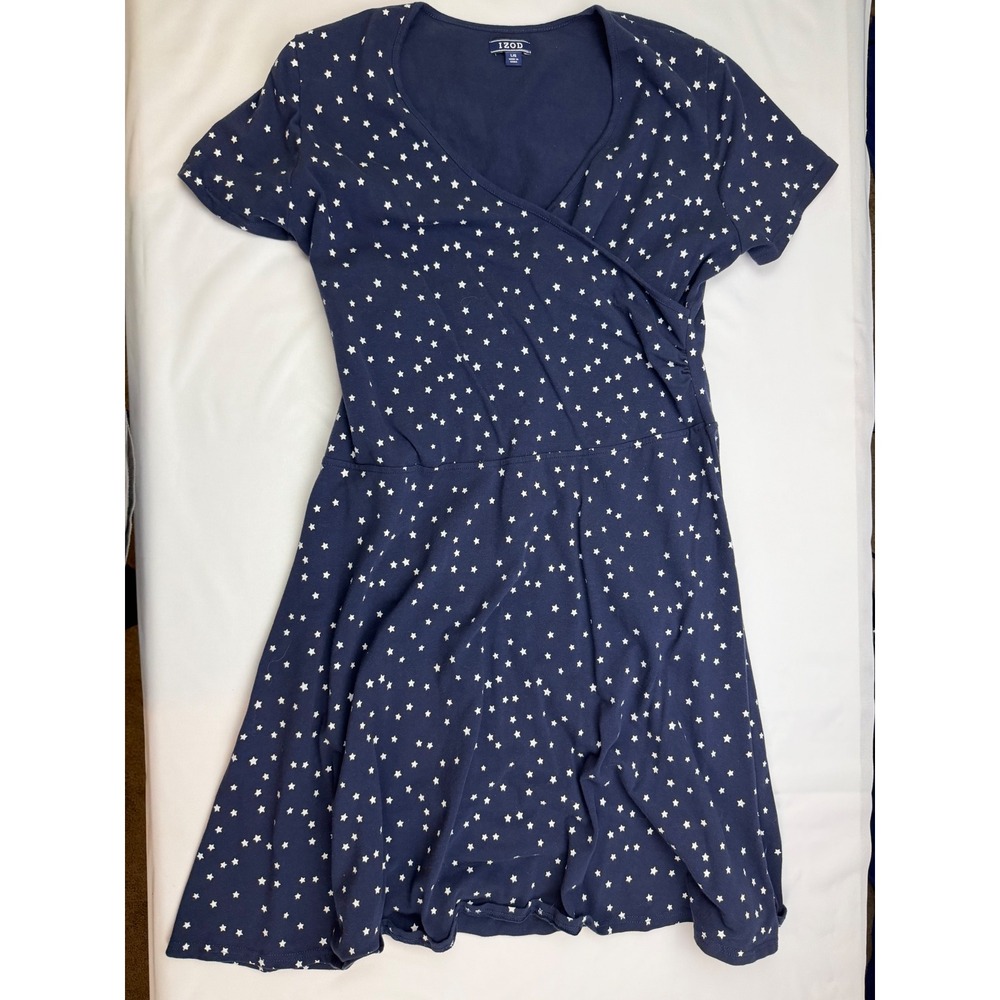 IZOD Womens Navy Blue White Star Print Faux Wrap Short Sleeve Dress Large